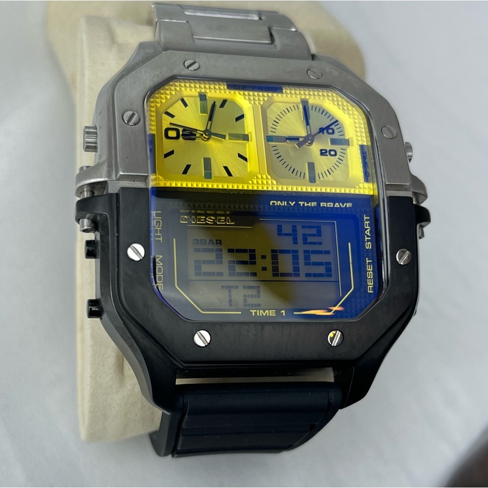 DIESEL Dz7458 Clasher Ana-Digi two-tone stainless steel watch blue and yellow